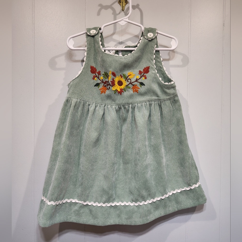 Girls 3T Green Corduroy Fall Dress  Embroidered Sunflower & Leaves Boutique‎
